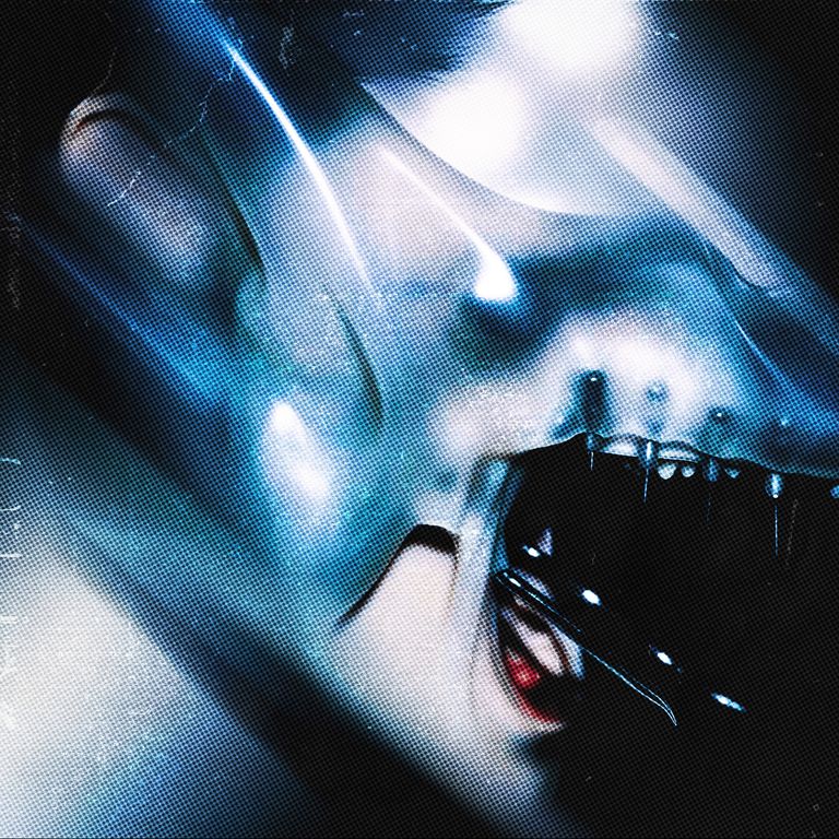 Album cover for Banks Arcade's Second Place Superstar: futuristic blue and black abstract artwork with halftone dots and bright light reflections.